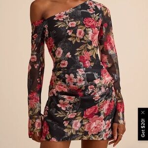 Lulu's Black Floral One-Shoulder Mini Dress